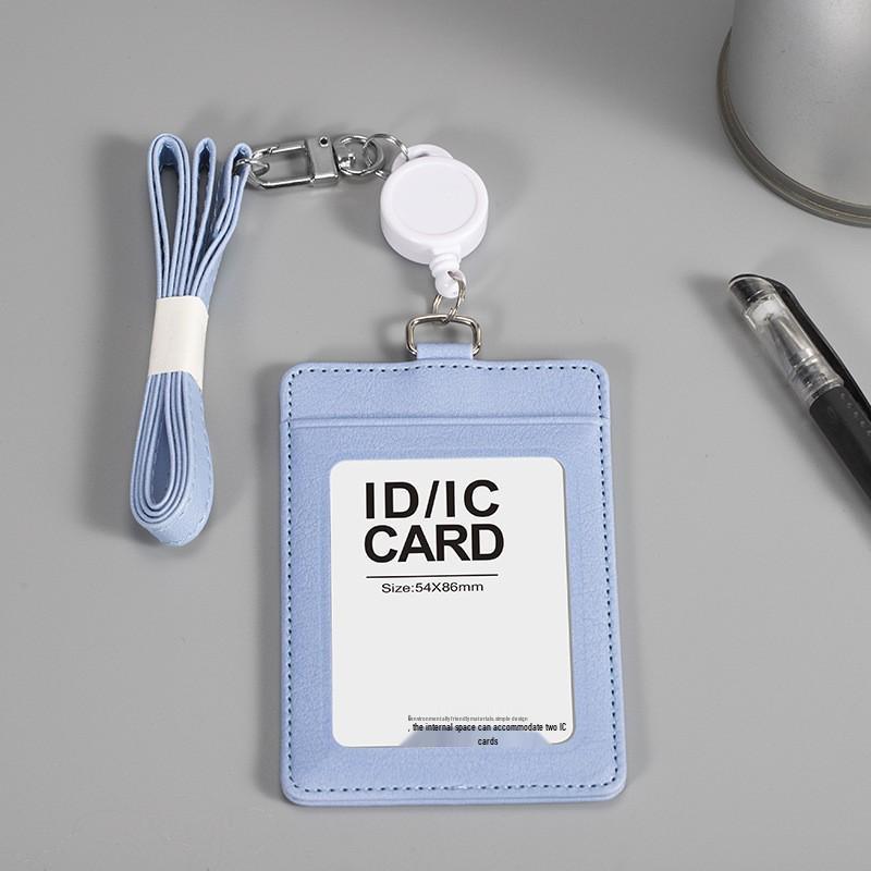 Retractable Leather Work ID Badge Holder with Lanyard and Transparent Single-Sided Card Slot