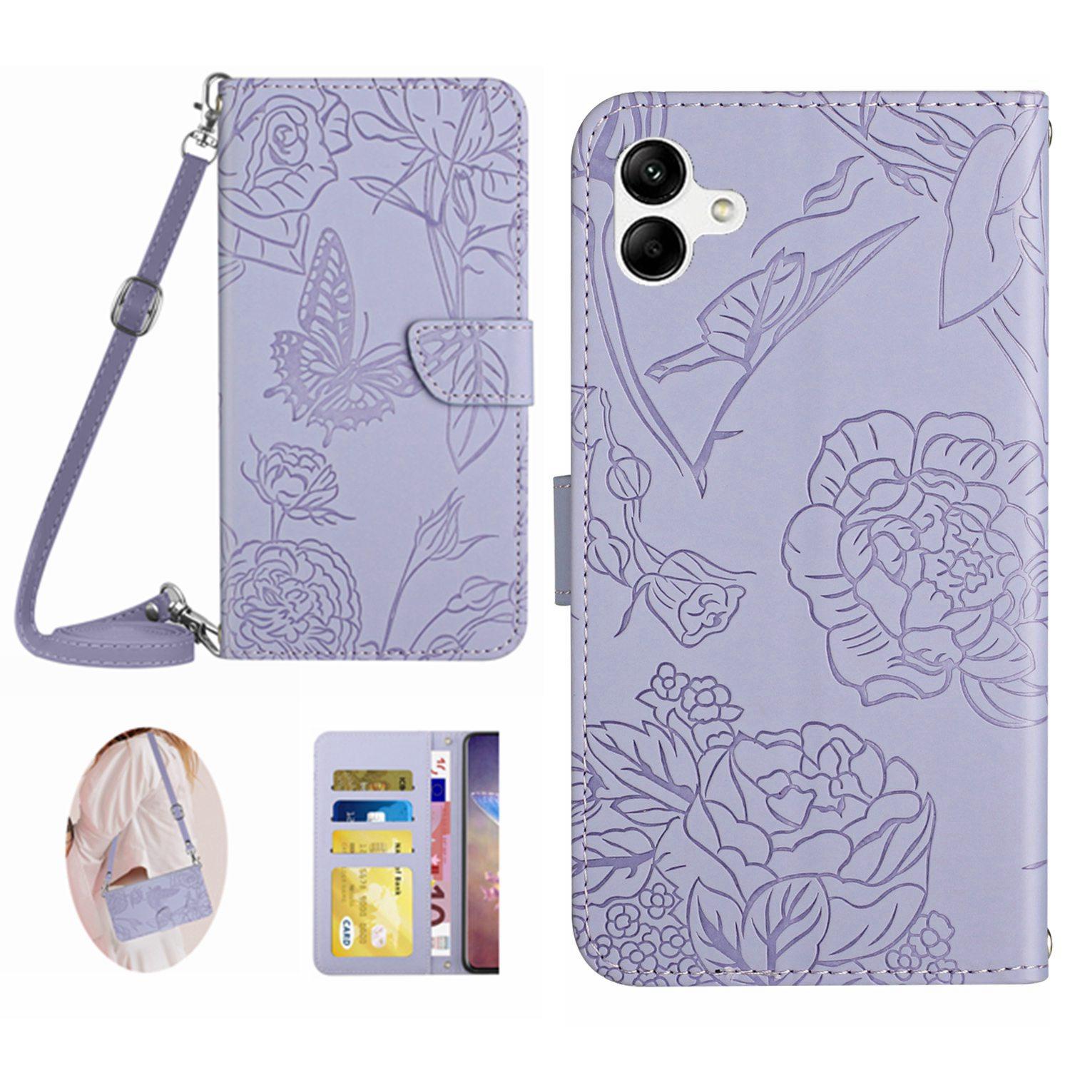 

For Samsung Galaxy A07 Case Butterfly Flower Imprint Leather Phone Cover with Shoulder Strap Purple