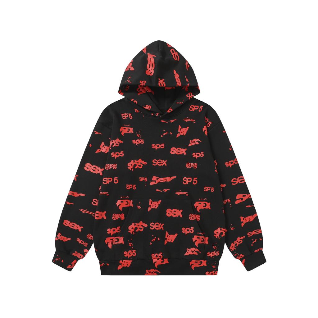 A high-quality SP5DER spider web foam printed hoodie, European and American large-size loose sweater.