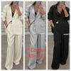 Temperament Damen Hosenanzug Locker Einfarbige Herbst Winter Pendeln Langärmeliges Revers Oberteil Weiter Bein Hosen Zweiteiliges Set