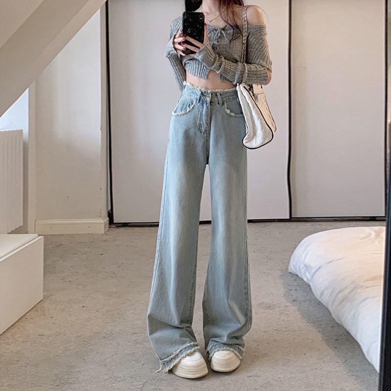Women s Light Blue Wide-Leg Jeans, High-Waisted, Straight-Leg, Spring/Summer 2025 Fashion, Niche Design, Narrow Fit. S