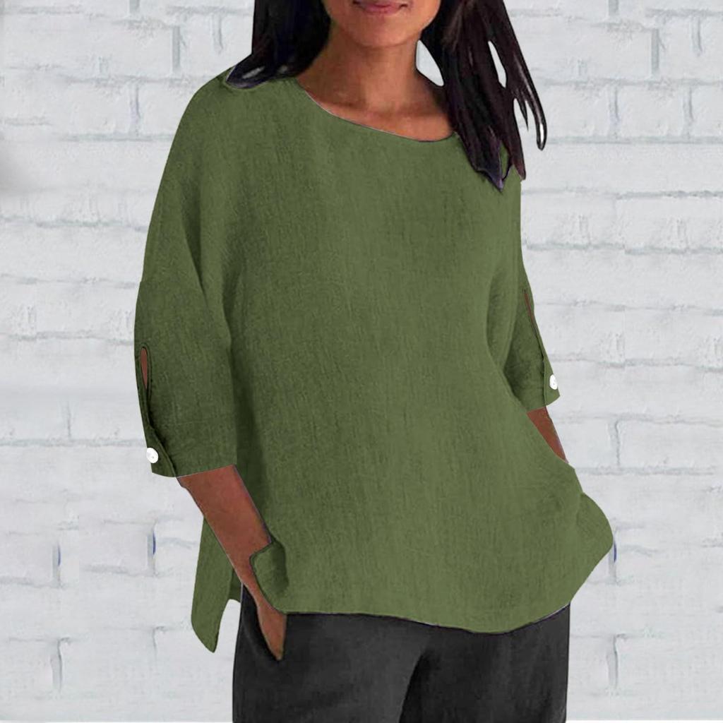 Women's Fashion Seven-Quarter Sleeve Round Neck Solid Color Loose Casual Shirt Tops