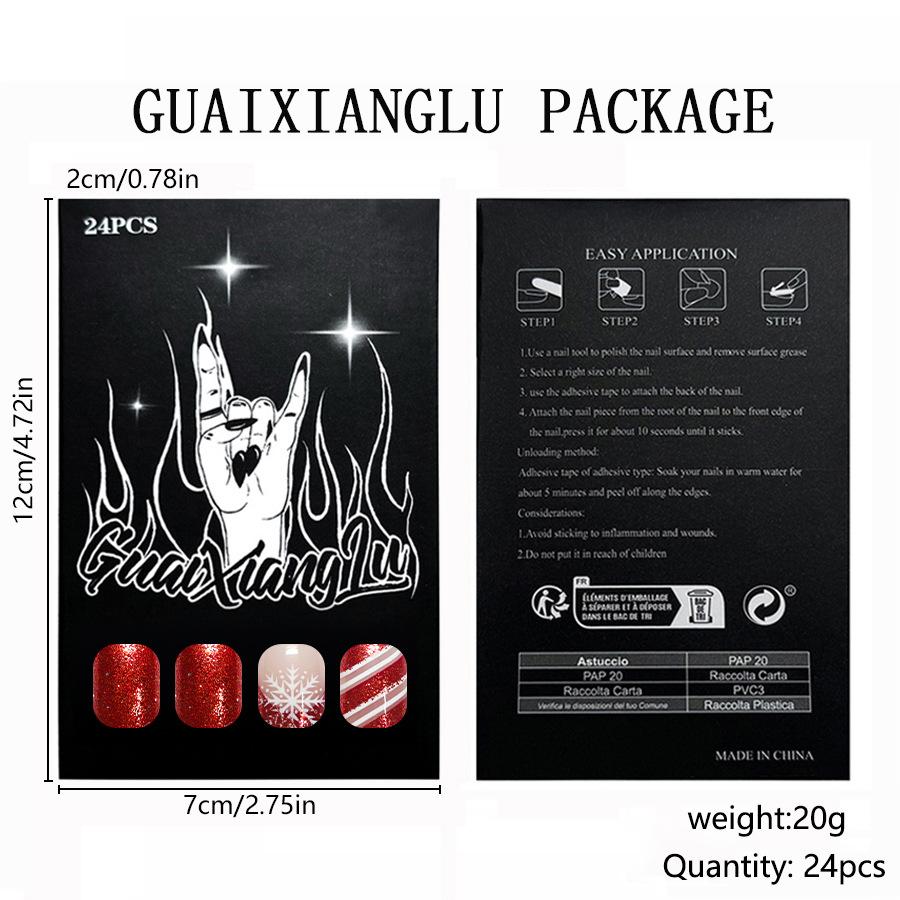 24Pcs Short Square Glossy Press On Nails 2026 New Christmas Red French Glitter Snowflake Stripe Fake Nails