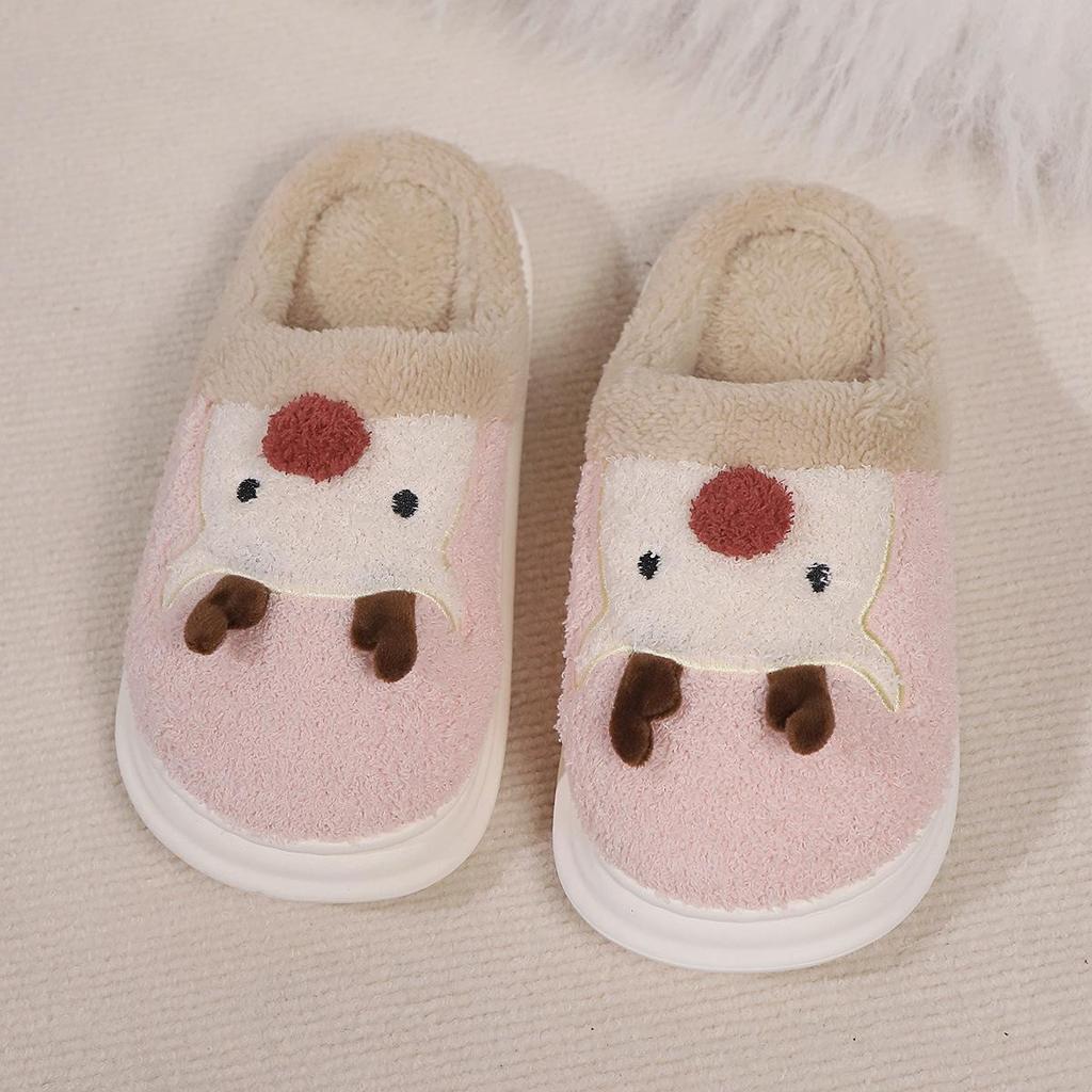 Cozy Christmas Cartoon Deer Antler Slippers - Warm Velvet & Furry Cotton
