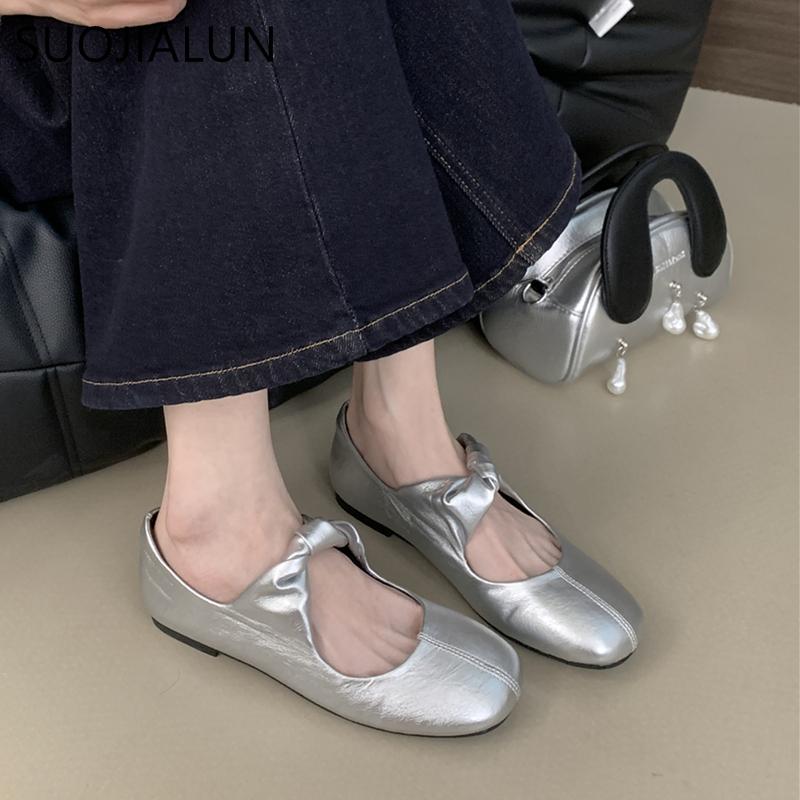 Fashion SUOJIALUN Spring New Women Flat Heel Mary Jane Shoes Fashion Round Toe Shallow Ladies Single Shoes Outdoor Dress Ballet Sheos