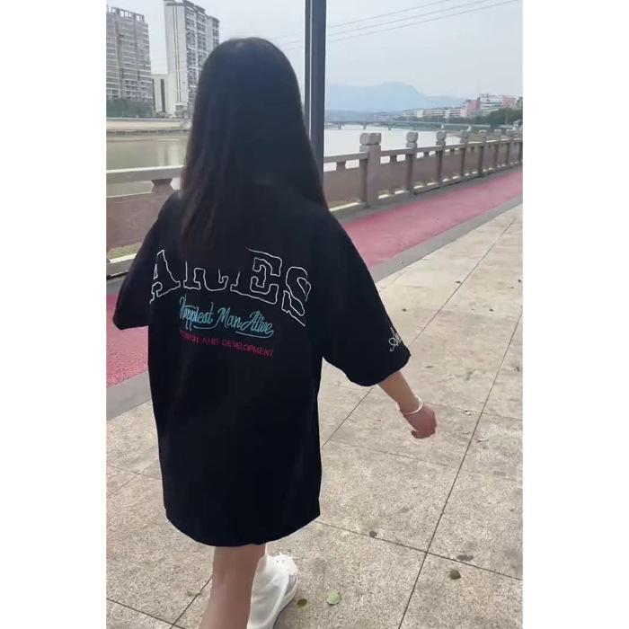 

Women s 2025 Summer Retro Embroidered Cotton T-Shirt - Loose Fit, Trendy American Style Short Sleeve Top XXL чёрный