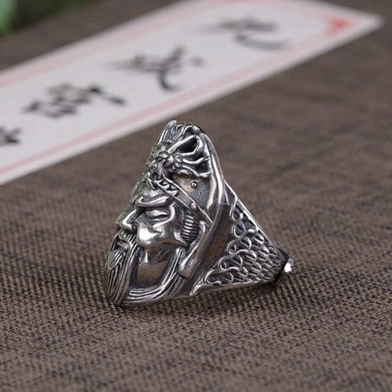 Adjustable Open Ring Men Women Plated Guan Yu Warrior Design Vintage Style Statement Jewelry Gift