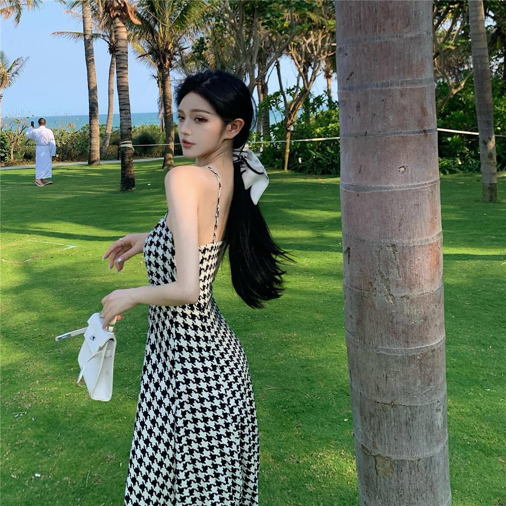 French Dress Women's Split Dress Houndstooth Suspender Dress Summer Temperament Sexy Dress A-line Dress