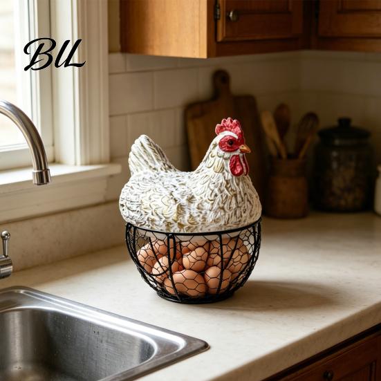 Chicken Egg Basket Hen Storage Black Metal Mesh Anti-Rust Holder Decorative Farmhouse Decor Durable for Kitchen Dining Table Shaped Container