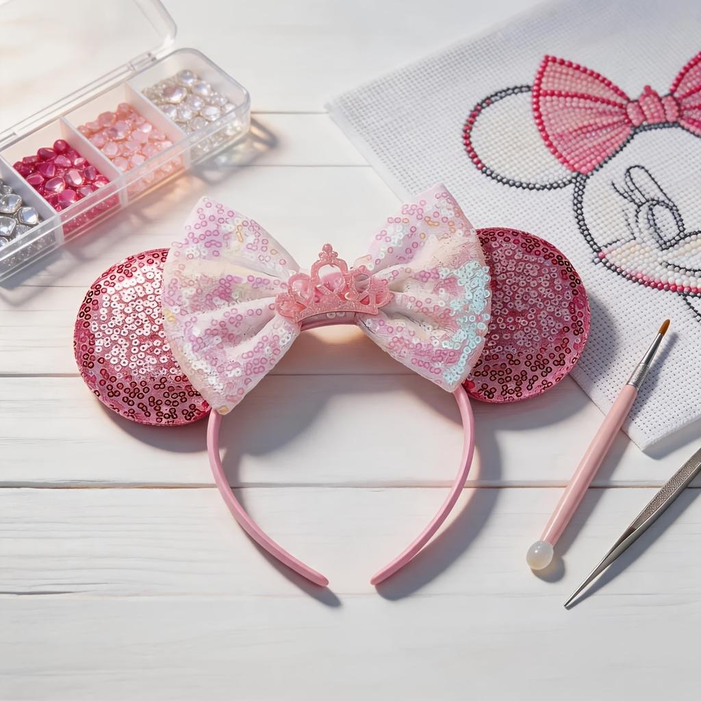 Disney Minnie Headband Shiny Sequin Bow Cute Cartoon Hair Accessory Cute Shiny Diamond Craft Crown Decoration