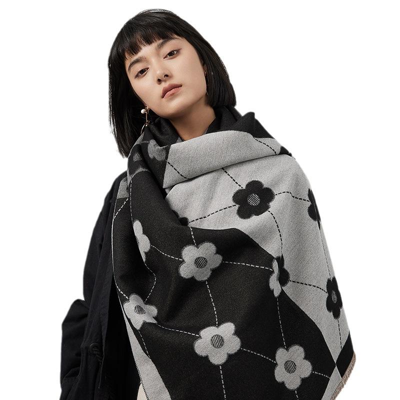 Imitation Cashmere Color Matching Lines Warm Scarf Flower Long Thickened Fringed Shawl Women'S Knitted Warm Scarf