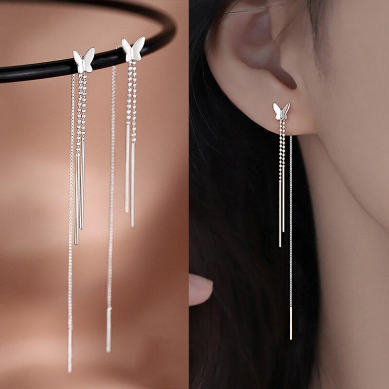 

Новый дизайн, серебряные серьги-капли с цепочкой и бабочкой для женщин, геометрические длинные серьги с кисточками, свадебные корейские модные украшения