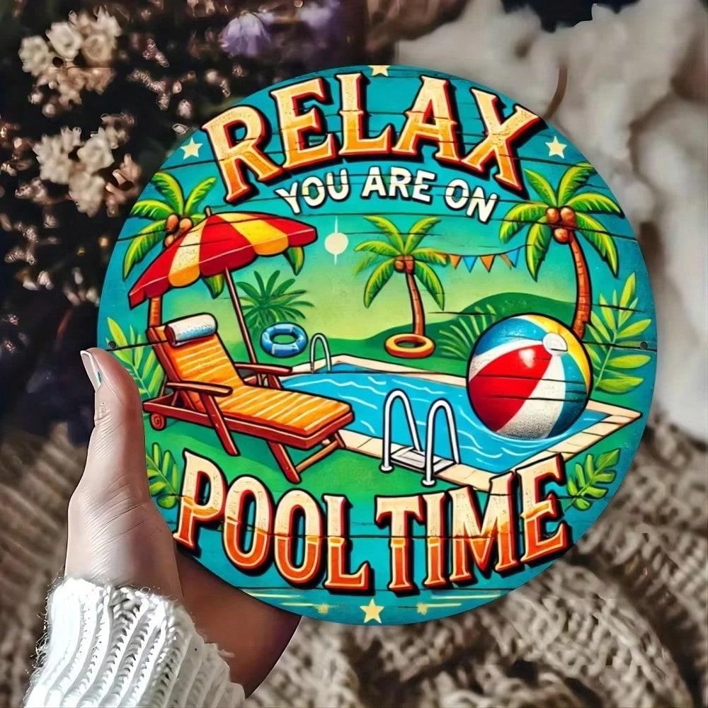 Entspann dich, du bist auf Poolzeit Tropischer Pool Metallblechschild, Lebendige Wandkunst Dekoration, Kein Strom benötigt, Weihnachtsgeschenk