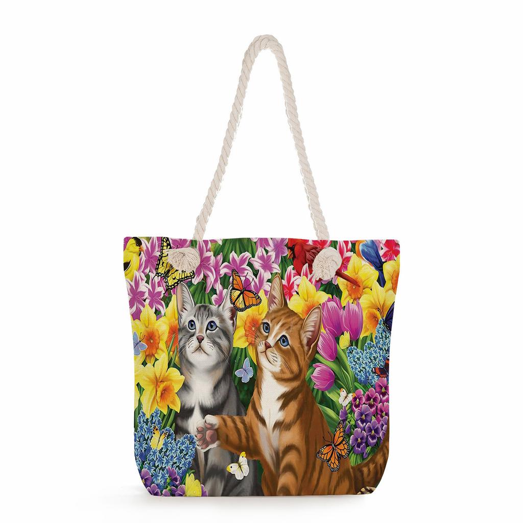 Cat print thick rope single-shoulder beach bag 7228