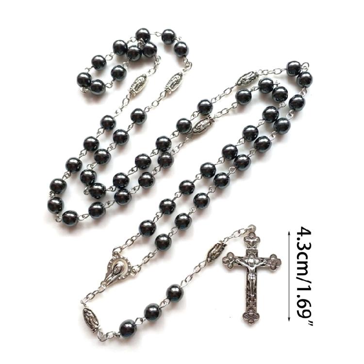 Black Hematite Rosary Necklaces Cross Pendant Church Souvenirs Prayer Long Chain