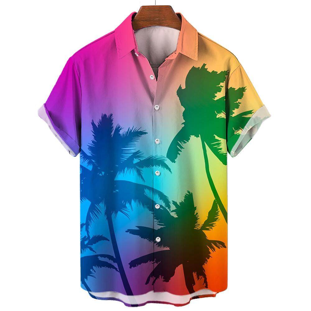 Beach Leisure Vacation Hawaiian Coconut Tree Print Tops Men's Short-sleeved Shirts Summer Fashion Oversized Tops