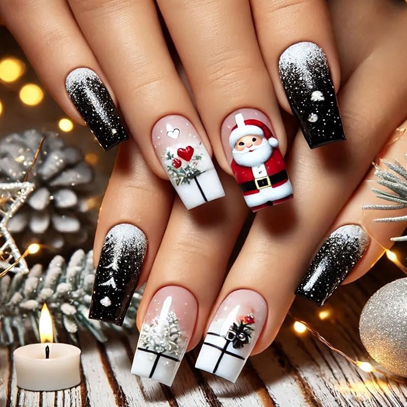 Snowflake Press on Nails Christmas Long Square Fake Nails Winter Snowman Acrylic Glue on Nail Glossy Xmas Stick on Nail for Women