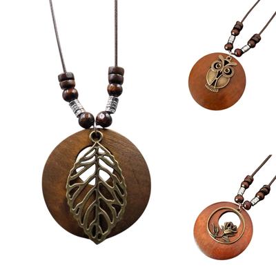 Vintage Pamuk ve Keten Aksesuarlar Ahşap Uzun Kadın Kazak Zinciri