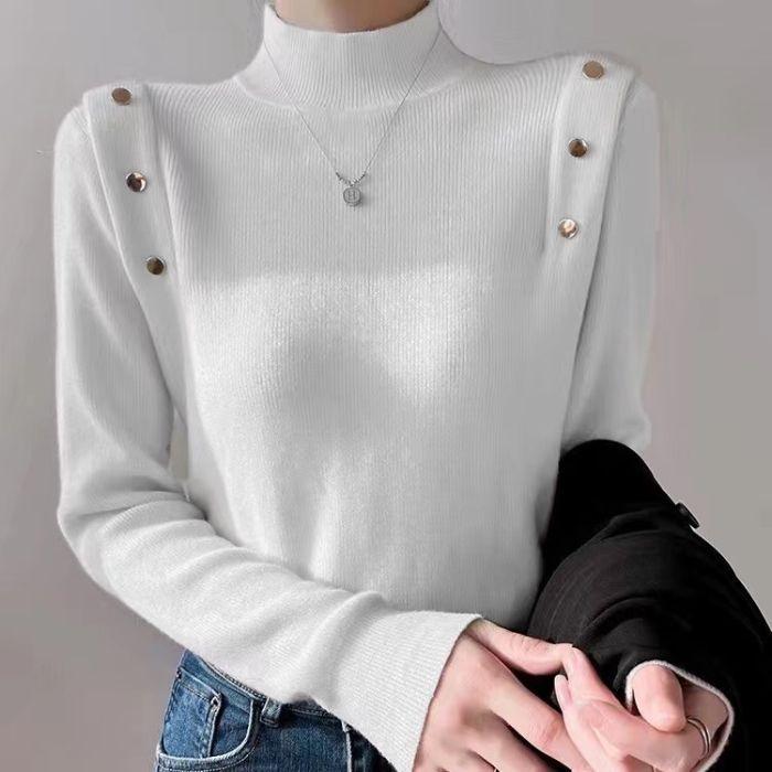 Women's Slim Fit Black Knitted Sweater - Medium High Neck, Autumn & Winter Base Layer