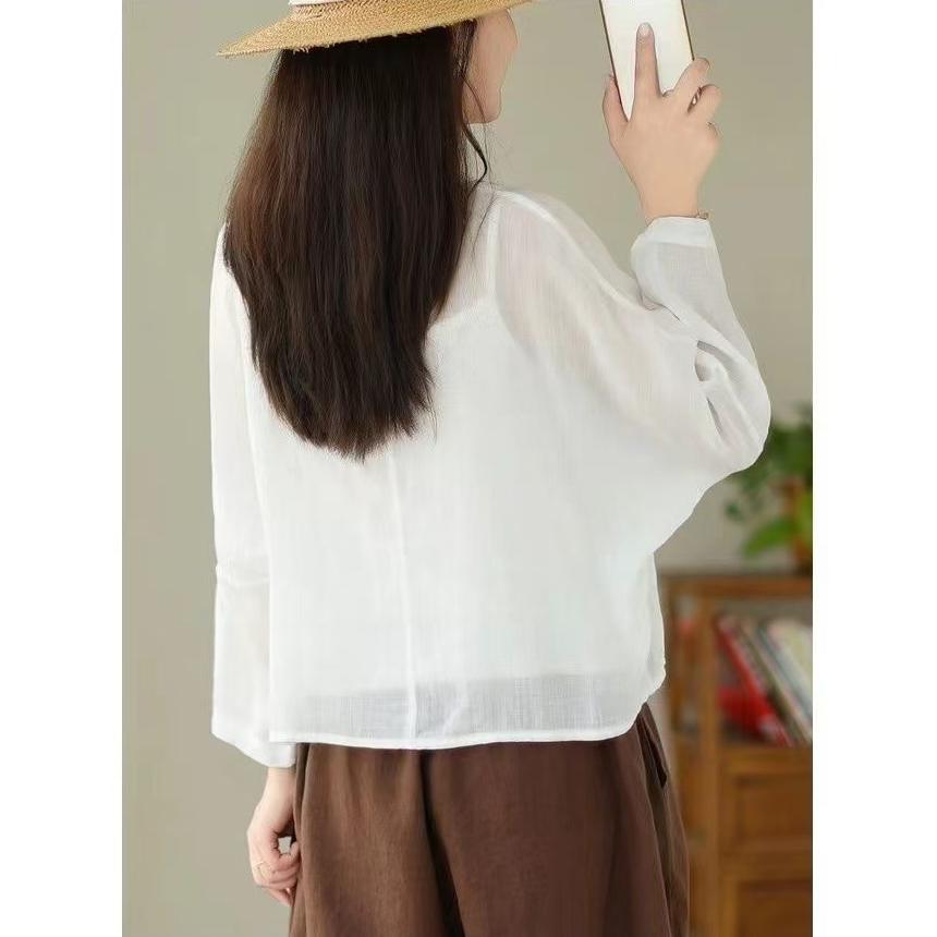 Summer Retro Thin Cotton Linen Cardigan Pure Color Lacing Sunscreen Cardigan Short Jacket Vintage Chinese Style Shawl