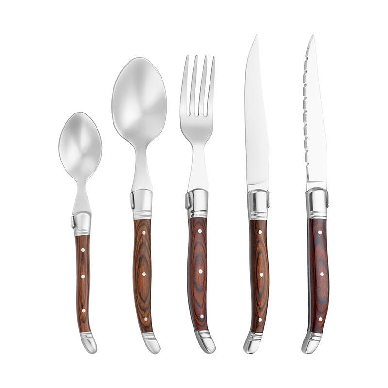Western Cutlery Set: 5-Piece Stainless Steel with Wooden Handle - Includes Steak Knife for Fast Delivery