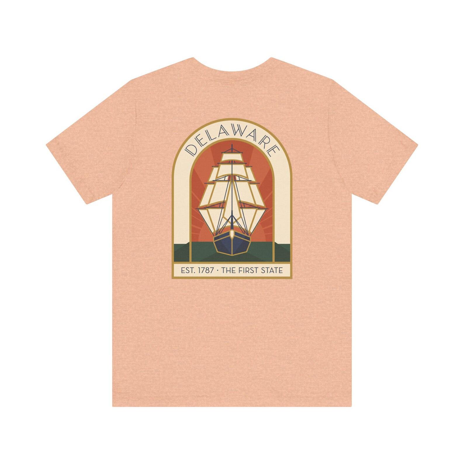 Delaware Tall Ship Art Deco T-Shirt | Retro Nautical Coastal Graphic Tee | First State Pride Gift L