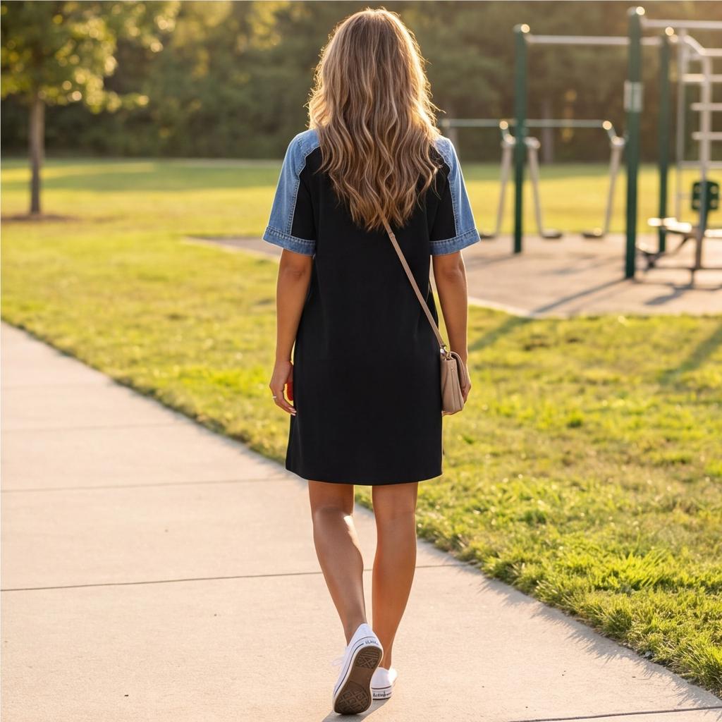 Women’s Casual Denim Patchwork Dress Short Sleeve Loose Fit T Shirt Dress with Pockets and Printed Design for Everyday Wear