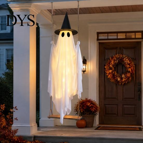 Glowing Halloween Atmosphere Prop Hanging Swing Ghost Decoration with Witch Hat, Spooky Outdoor Decor Flexible Fabric for Display String Light