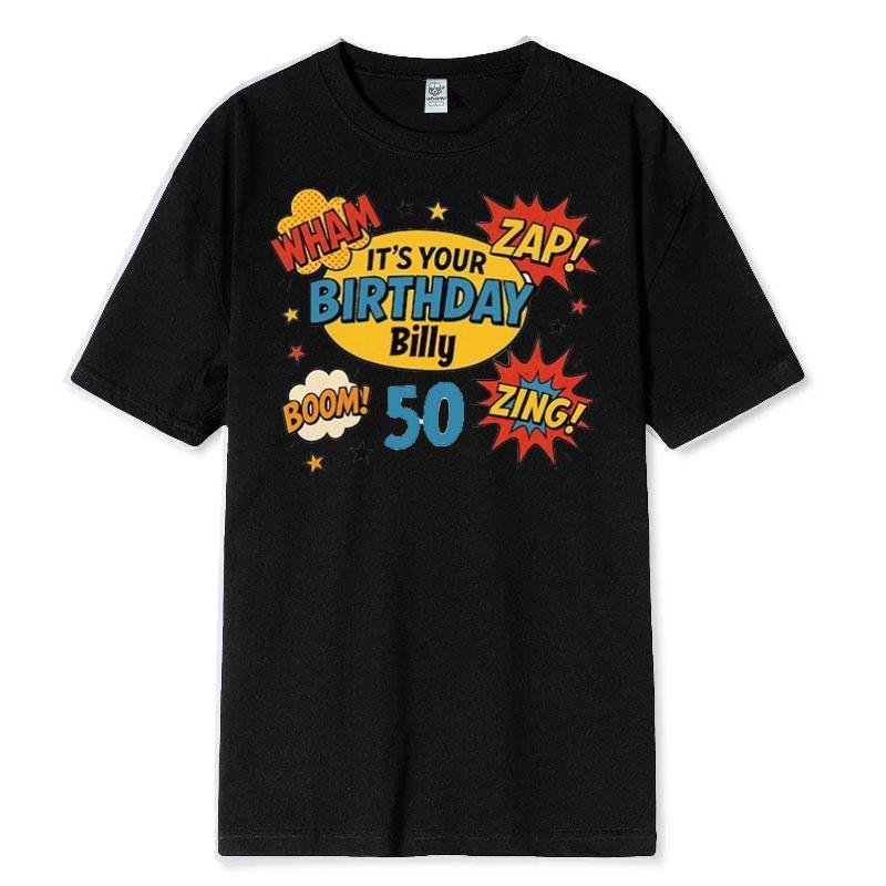 Personalised 50th Birthday Tshirt Wham Zap Retro Comic Book Style Design on Bella and Canvas Premium Tee Fast UK Tracked