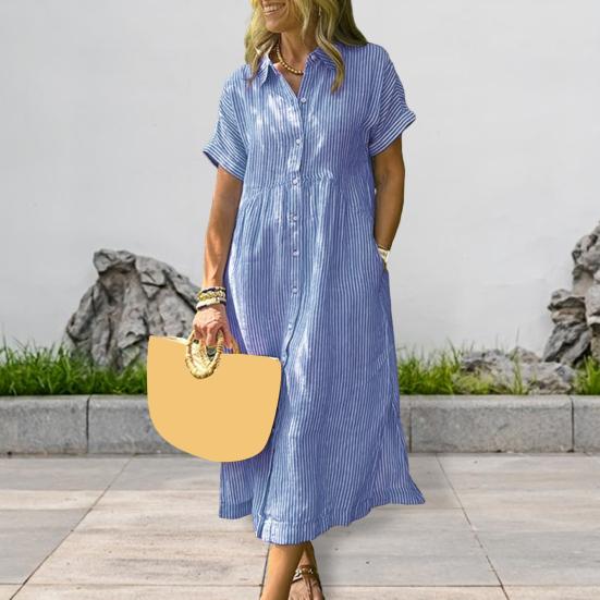 Striped Lapel Button Down Shirt Dress with Pockets Summer Casual Short Sleeve A-line Long