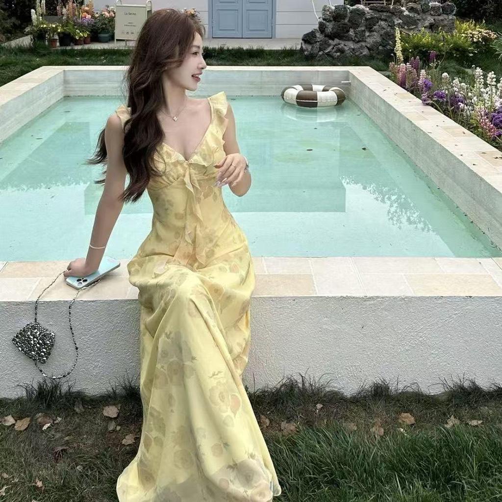 Yellow Floral French Style Slim Bodycon Tea Length Summer Dress