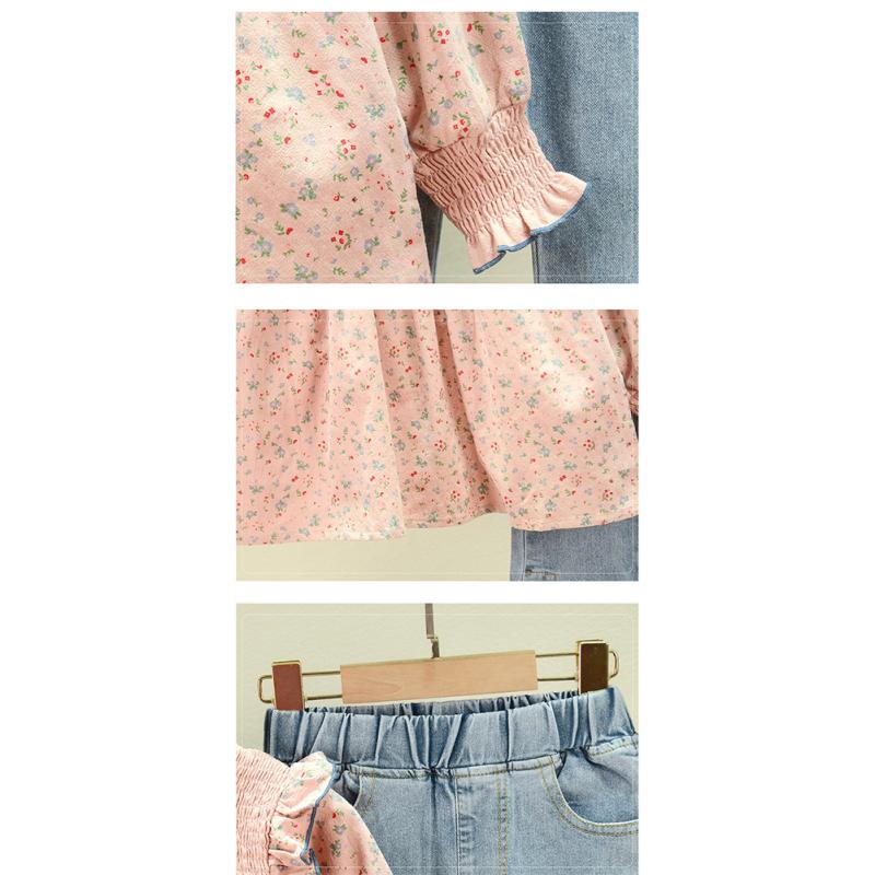 2pcs/set Baby Girls Cotton Cute Long Sleeved Sets Floral Shirt + Denim Flared Pants Suit Pullover