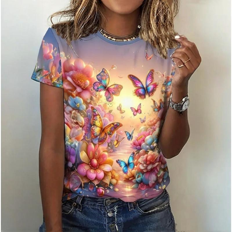 Colorful Floral Printed Women's T-Shirt For Summer Fashions Casual Round Neck Plus Size Tops S-3xl Daily Streetwear Tee 2024 New