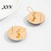 Natural Amber Color Earrings 1 Pair Stud for Women, Large Round Resin with Autumn Winter Matte Metal Edges, Exaggerated Geometric Daily Wear