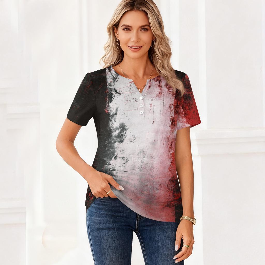 Women's Casual Short Sleeve V Neck T Shirt with Decorative Buttons Halloween Print Relaxed Fit Top for Everyday Wear