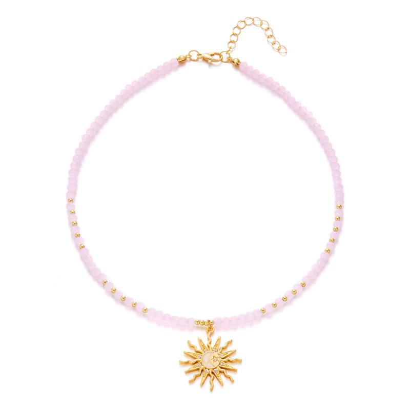 

Retro Golden-Toned Sun Pendant Necklace For Women Elegant Beaded Chain Choker Neck Statement Party Vintage Jewelry Gift розовый