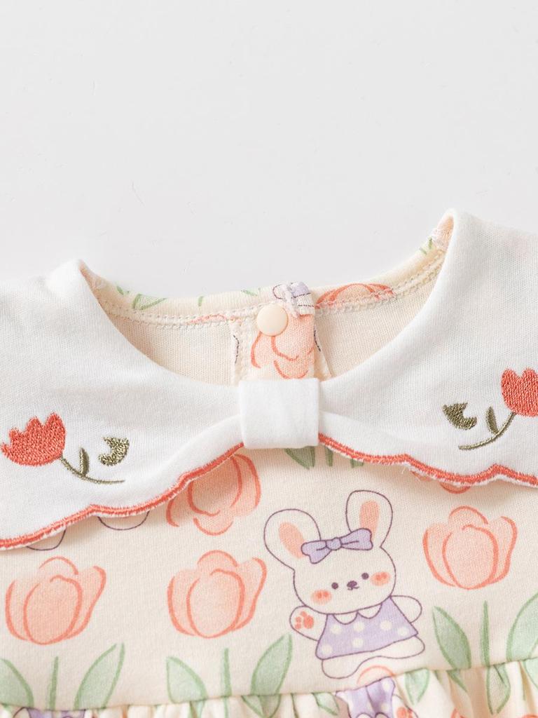 Girls' Floral Print Cotton Two-Piece Set - Long Sleeve Top & Pants for Spring/Autumn