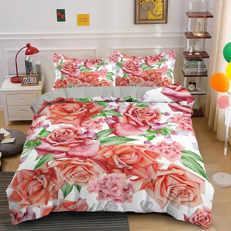 3D Rose Flower Duvet Cover Queen King Double Bedding Set 2/3pcs Quilt Cover with Zipper Closure King Size Polyester Quilt Cover