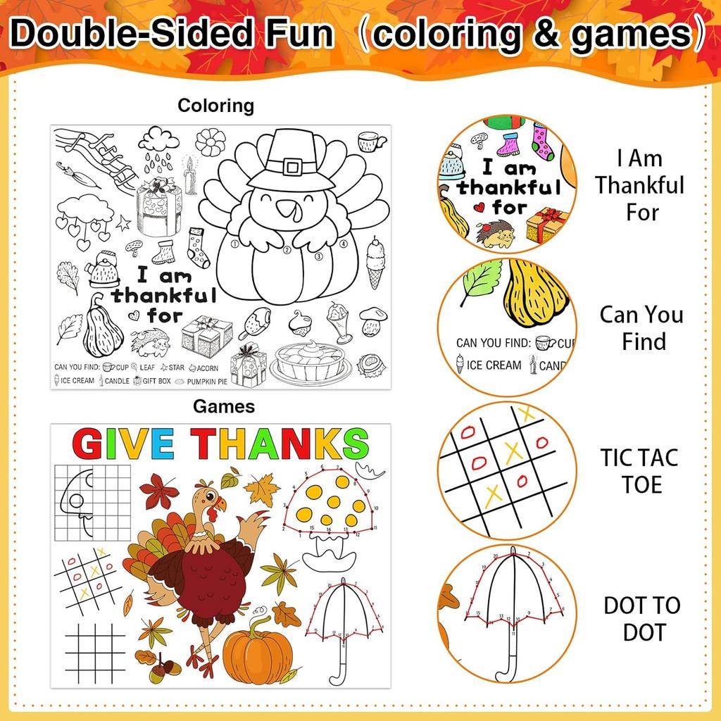 Thanksgiving Coloring Placemats 16PCS 14''x11'' Fall Thanksgiving Placemats for Kids to Color Thanks Giving Paper Table Mats Disposable Place Mats