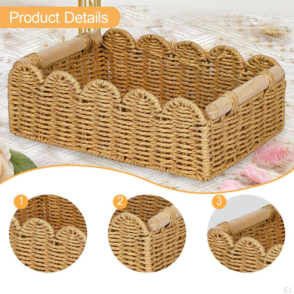 Decorative Paper Rope Storage Basket with Wooden Handle for Bedside Table, Wardrobe, Bedroom, Living