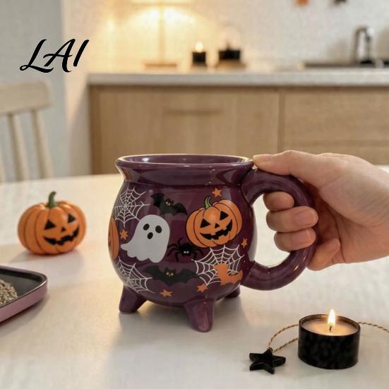 Cute Ghost Pumpkin Teacup Halloween Witch Cauldron Coffee Mug 360ml Spider Web Pattern Purple Novelty Drinkware Ceramic Cup Spooky for Party
