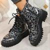 Nouvelles Bottes d'Automne et d'Hiver pour Femmes Décontractées avec Rehausseur de Hauteur Intérieur Bottes à Paillettes Grande Taille à Lacets Avant Confortables Bottes pour Femmes