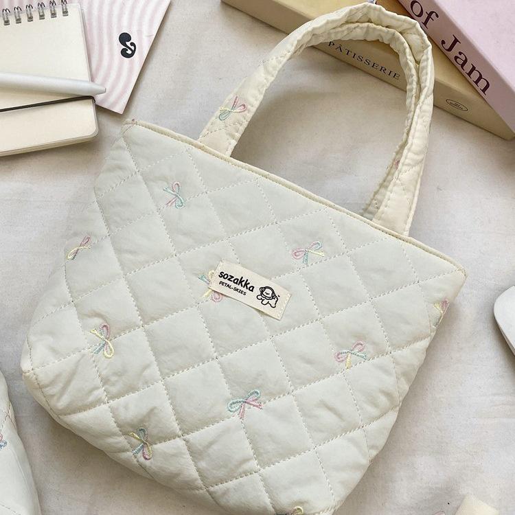 Korean Style Quilted Bow Embroidery Handheld Canvas Handbag for Women 2026 New