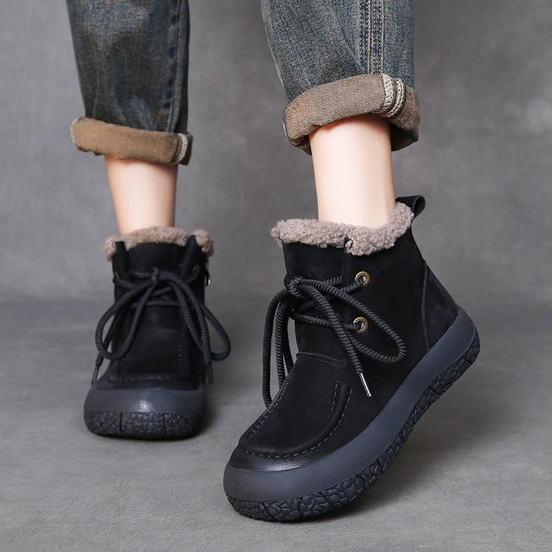 

Women Leather Short Boots Chunky Platform Autumn Winter Flat Warm Ankle Boots for Women Warm Wool Fur Lady Ankle Boots 40