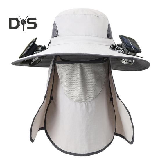 Sonnenhut mit breiter Krempe und 2 Solarventilatoren, UV-Schutz, Fischerhut mit Nackenklappe und Gesichtsschutz, 3-fach verstellbarer Ventilatorhut für Outdoor-Angeln und Camping