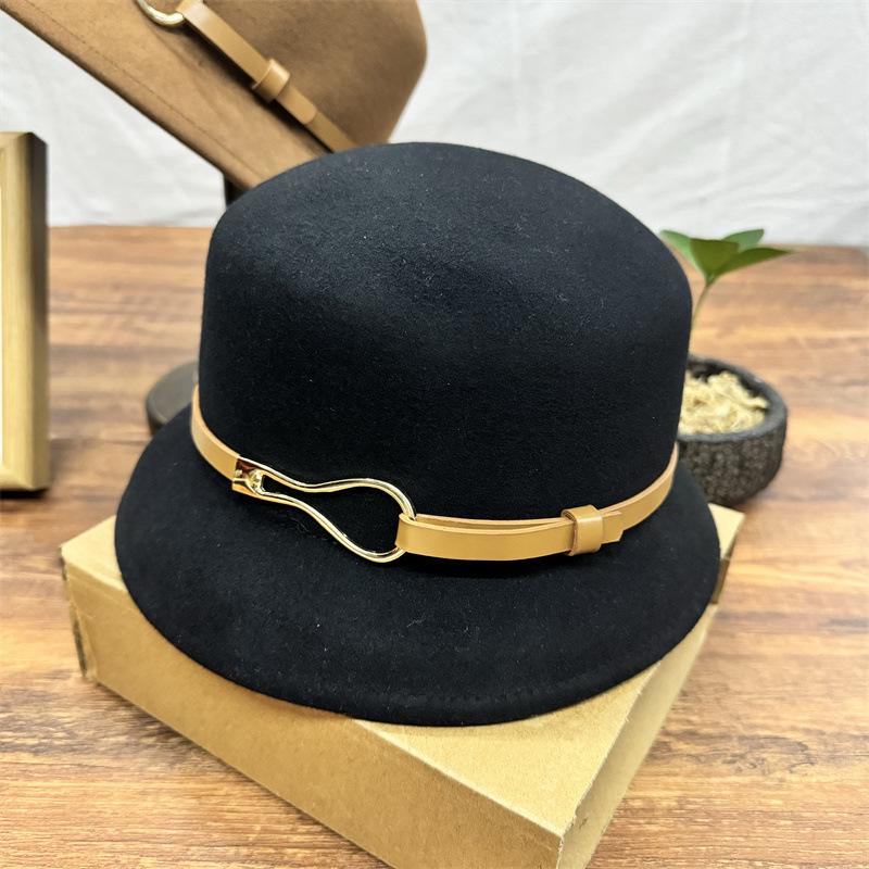 Wool Autumn and Winter Belt Buckle Wide Brim British Retro Fashion Flat Top Top Hat Hat Woolen Versatile Jazz