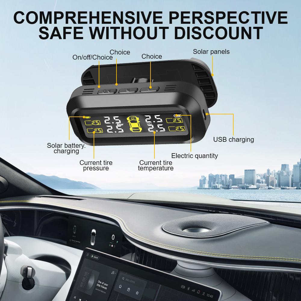 Solar TPMS With 4 External Sensors Temperature Warning Fuel Save Tire Pressure Monitoring System