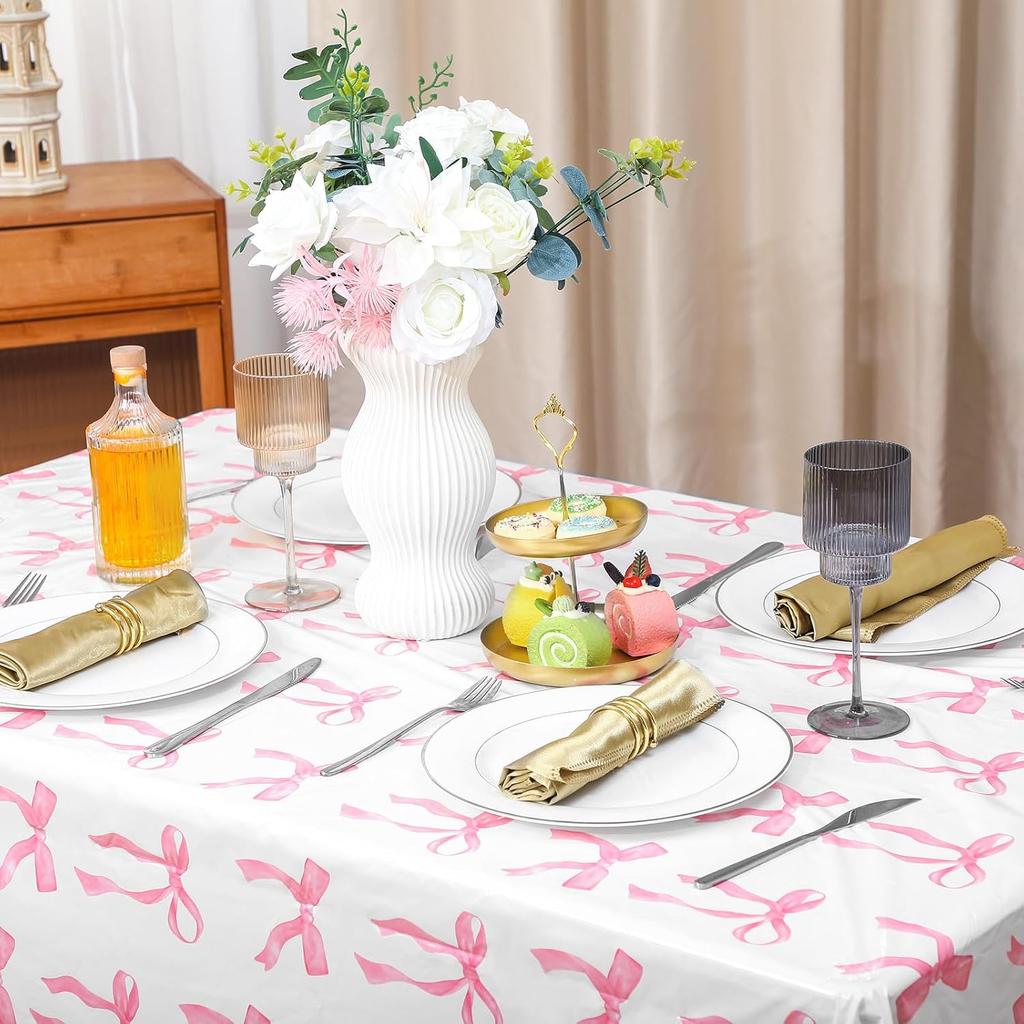 Oudain 3 Pcs Pink Bow Table Cloth 54 x 108 Inch Coquette Bow Table Cover Rectangle Pink Tablecloth Disposable Tablecovers Coquette Party Decorations