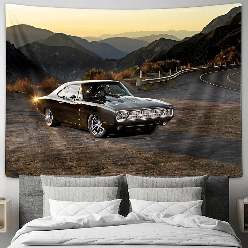 Classic Black Muscle Car Mountain Road Sunset Wall Tapestry Machine Washable All Season Decor Art Print Automotive Design Home
