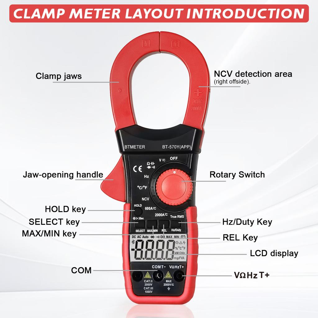 Bluetooth Remote Connection Clamp Multimeter, AC/DC 2000A Voltage/Current/Power Tester with NCV, 6000 Counts True RMS Multimeter